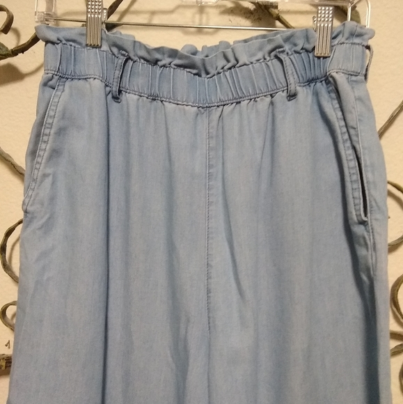H&M &Denim chambray wide leg paper bag waist cropped pants, 6 - Picture 3 of 15